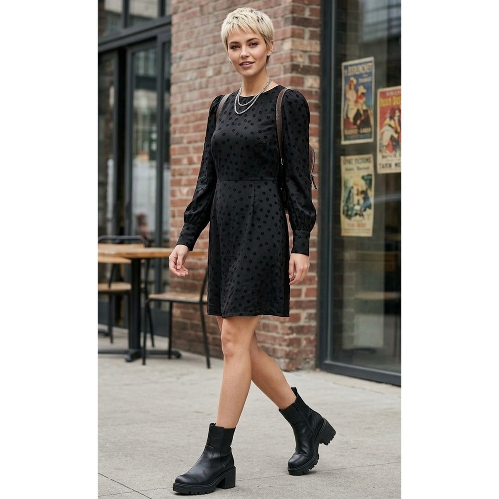 J.Crew Jacquard Dot Mini Dress Women Size 8 Black Long Sleeve Posh or Artsy.